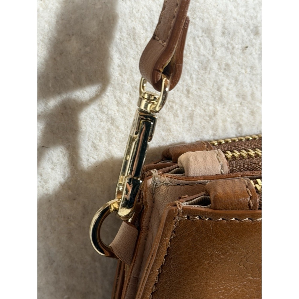 Elisabetta Yang Leather Crossbody Bag Brown Italian Double Zip Gold - Picture 6 of 16